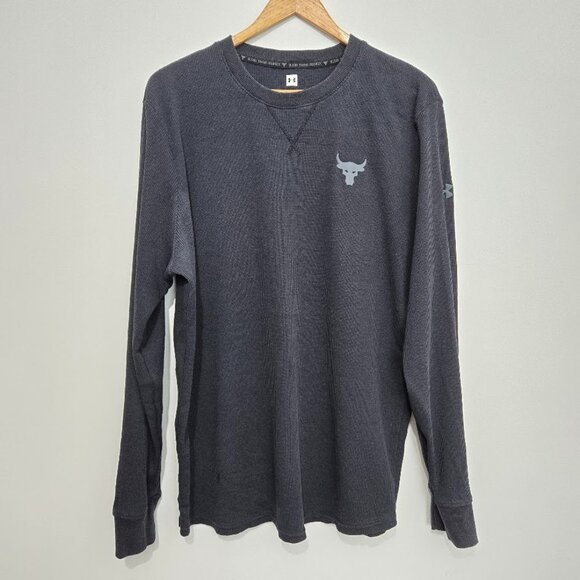 Under Armour Mens Project Rock Black Thermal Sz L L/S Waffle Knit Athletic Logo - Picture 1 of 10